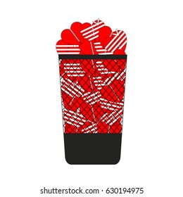 Broken and bandaged hearts in a trash can. Conceptual vector clipart and drawing. Isolated illustration on white background.  