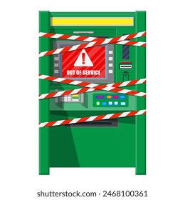 Broken bank ATM with red-white ribbon. Out of service or robbery. Automatic teller machine. Program electronic device for payment and withdraw cash from plastic card. Vector illustration in flat style