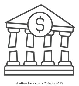 Broken bank building with dollar thin line icon, world sanctions concept. Vector graphics. Economy demolishing effect sign on white background, outline style icon for mobile or web design