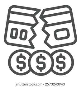 Broken bank card with coins line icon, hacker attacks concept. Vector graphics. Cracked credit card and dollar coin sign on white background, outline style icon for mobile or web design
