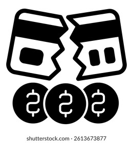 Broken bank card with coins solid icon, hacker attacks concept. Vector graphics. Cracked credit card and coins, money sign on white background, glyph style mobile or design