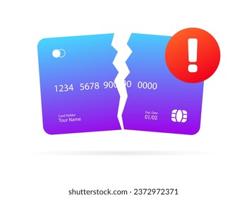 Broken bank card icon. Flat, purple, broken bank card, error circle, bank card. Vector icon