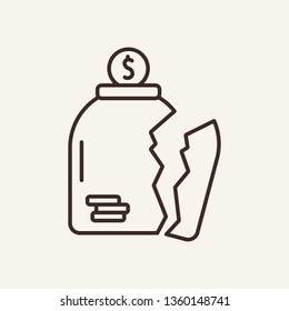 Broken bank line icon. Broken glass jar with coins. Bankruptcy concept. Vector illustration can be used for financial crisis, bankrupt, break