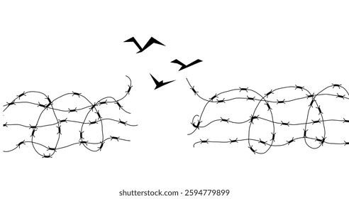 Broken Barbed Wire with Birds. Concept of freedom and captivity concept vector art