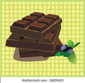 broken bars of black chocolate with blueberry