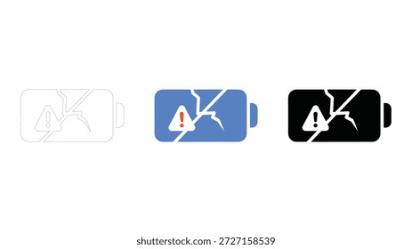 Los iconos rotos del error de la batería fijan la línea, los símbolos coloridos sólidos de la advertencia del estilo Vector