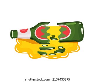 Una botella de cerveza rota. Compartimientos en el suelo. Bebida alcohólica. Ilustración vectorial.