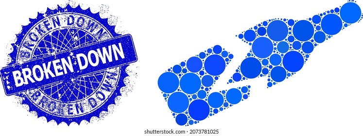 Broken beer bottle vector collage of small circles in different sizes and blue color tints, and distress Broken Down stamp seal. Blue round sharp rosette stamp contains Broken Down title inside.