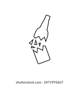 Broken beer glass bottle with glass shards and fragments. Isolated vector illustration in line and outline style.