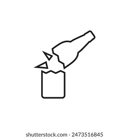 Broken beer glass bottle with glass shards and fragments. Isolated vector illustration in line and outline style.