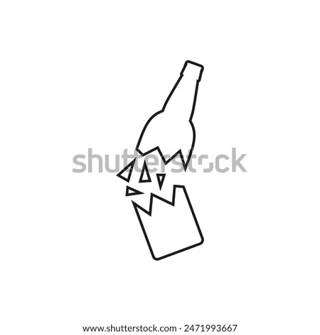 Broken beer glass bottle with glass shards and fragments. Isolated vector illustration in line and outline style.