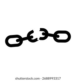 Um elo quebrado da corrente da bicicleta está centrado em um fundo branco. A corrente é preta e a quebra é irregular, mostrando estresse e falha.