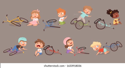 Broken bicycle. Kids fallen from bike unhappy childrens vector accidents illustrations