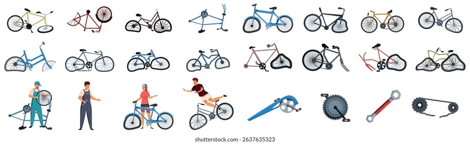 Broken bike icons set. Bicycle repair and maintenance icons featuring mechanics fixing bikes, people riding, and various bicycle parts