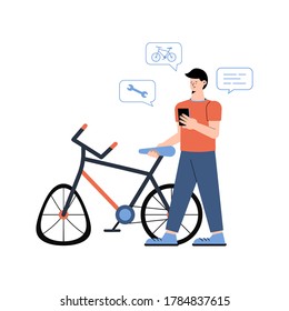 Broken Bike And A Young Man Nearby Calls With Smartphone A Mobile Bicycle Repair Service Isolated On White Background. Broken Wheel Needs Repair. Flat Design Vector Bike Repair Concept Illustration.