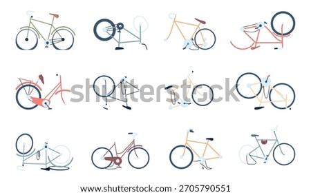 Broken bikes. Bicycle with flat tires and wheels, broken seat and fallen chain. Personal transport after road accident and requires repairs, recent vector set