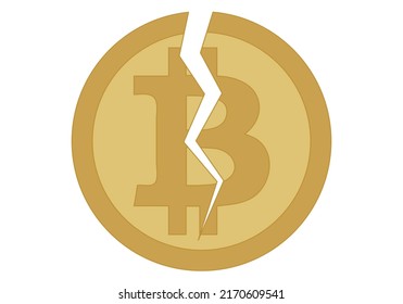 Broken bitcoin cryptocurrency icon on white background.