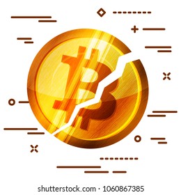Broken bitcoin cryptocurrency on white background. Cryptocurrency falling crisis concept