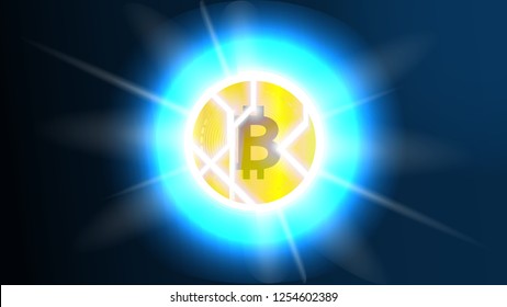 Broken Bitcoin. Bitcoin Decline and Crisis Concept. Blockchain Crisis. The Collapse of Bitcoin and Risks of Cryptocurrency Markets.