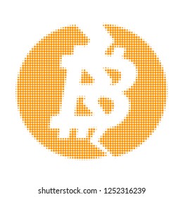 Broken bitcoin halftone dotted icon. Halftone pattern contains round dots. Vector illustration of broken bitcoin icon on a white background.