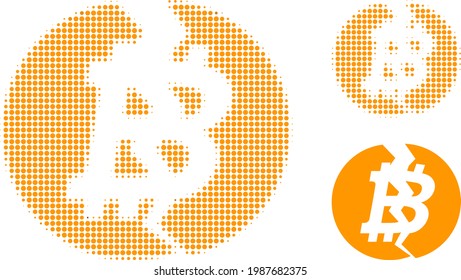Icono de punto medio de tono de bitcoin roto. La matriz de semitono contiene puntos redondos. Ilustración vectorial del icono de bitcoin roto en un fondo blanco.