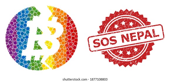 Broken bitcoin mosaic icon of spheric blots in variable sizes and LGBT color tones, and Sos Nepal textured rosette seal print. A dotted LGBT-colored Broken bitcoin for lesbians, gays,