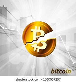 Broken bitcoin symbol with statistics chart showing various visualization graphs going down. Cryptocurrency falling crisis concept
