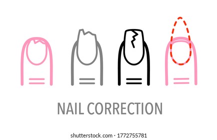 broken or bitting nail correction. vector icon set.