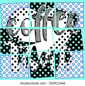 Broken black background with heart and Coffee time word illustration together vector print pattern. For fashion and graphic design. T shirt print, poster, postcard, screen printing