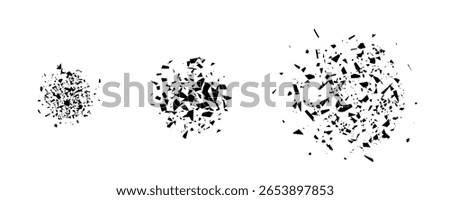 Broken black glass. Shatter explode effect, round abstract fragments explosion, broken geometric pieces, a cloud of fragments. Shuttered black mirror