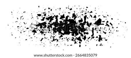 Broken black glass. Shatter explode effect, abstract fragments explosion, broken geometric pieces, a cloud of fragments. Shuttered black mirror