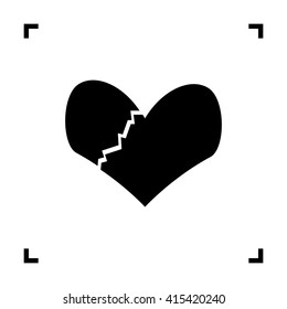 Broken black heart icon and parenthesis frame on white background. Vector flat illustration