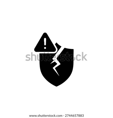Broken black shield with a warning triangle and exclamation mark, symbolizing vulnerability, breach, or security alert. Vector graphic.