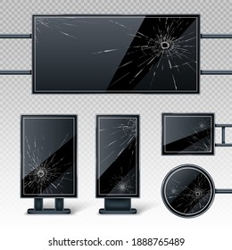 Zerbrochene leere Plakatwände, leere schwarze LCD-Bildschirme oder steht für Werbung mit Löchern und Rissen. Horizontale, vertikale, runde und rechteckige Leerbanner, einzelne realistische 3D-Vektorgrafik-Set