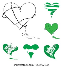 Broken Bleeding Heart icon collection, hand drawn icons and illustrations for Valentines and Anti-Valentines - stock vector