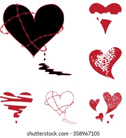 Broken Bleeding Heart icon collection, hand drawn icons and illustrations for Valentines and Anti-Valentines - stock vector