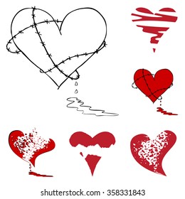 Broken Bleeding Heart Icon set, hand drawn icons and illustrations for Anti-Valentines - stock vector icons