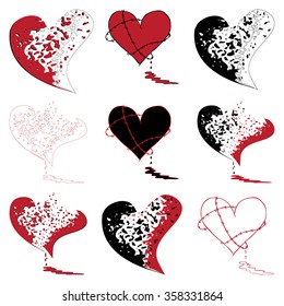 Broken Bleeding Heart Icon set, hand drawn icons and illustrations for Anti-Valentines - stock vector icons