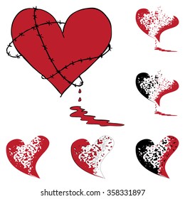 Broken Bleeding Heart Icon set, hand drawn icons and illustrations for Anti-Valentines - stock vector icons