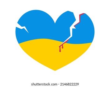 Broken and bleeding heart vector illustration. Blue and yellow Ukrainian flag