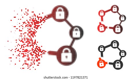 Broken blockchain network icon in fractured, pixelated halftone and undamaged whole variants. Particles are arranged into vector disappearing broken blockchain network figure.