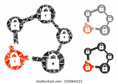 Broken blockchain network mosaic of unequal parts in various sizes and color tints, based on broken blockchain network icon. Vector irregular parts are grouped into composition.