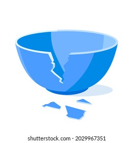 Broken blue bowl flat style design vector illustration isolated on white background. Cracked bowl pot with tiny pieces.