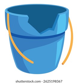 Broken blue bucket with yellow handle, representing cleaning failure, damage, and repair needs