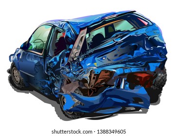 Broken blue car crash vector illustration realistic isolated on white background