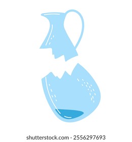 Broken blue pitcher with water spilling out on a white background