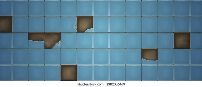 Broken blue retro wall ceramic tiles texture. Vector illustration.