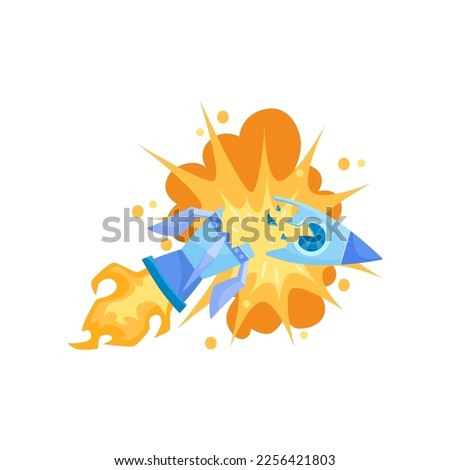 Broken blue spaceship on fire exploding vector illustration. Crashing rocket, wreck or crash as symbol of bad business isolated on white background. Startup, business failure concept