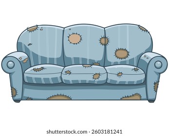 Broken blue striped sofa isolated vector illustration on white background