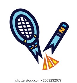 Broken blue and yellow badminton racket sport equipment colorful icon illustration isolated on square white background. Simple flat outlined cartoon art styled drawing.